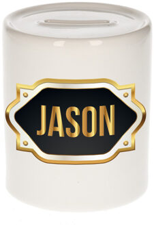 Bellatio Decorations Spaarpot met voornaam Jason - wit - goud/zwart embleem - 8 x 9 cm - keramiek - afsluitdop Multi