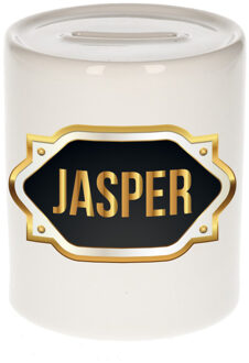 Bellatio Decorations Spaarpot met voornaam Jasper - wit - goud/zwart embleem - 8 x 9 cm - keramiek - afsluitdop