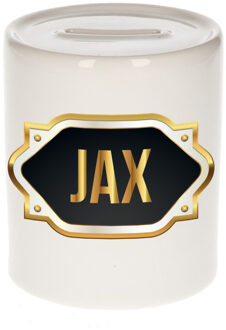 Bellatio Decorations Spaarpot met voornaam Jax - wit - goud/zwart embleem - 8 x 9 cm - keramiek - afsluitdop Multi