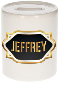Bellatio Decorations Spaarpot met voornaam Jeffrey - wit - goud/zwart embleem - 8 x 9 cm - keramiek - afsluitdop