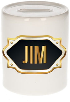 Bellatio Decorations Spaarpot met voornaam Jim - wit - goud/zwart embleem - 8 x 9 cm - keramiek - afsluitdop Multi