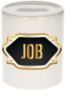Bellatio Decorations Spaarpot met voornaam Job - wit - goud/zwart embleem - 8 x 9 cm - keramiek - afsluitdop Multi