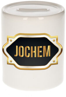 Bellatio Decorations Spaarpot met voornaam Jochem - wit - goud/zwart embleem - 8 x 9 cm - keramiek - afsluitdop Multi