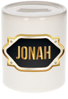 Bellatio Decorations Spaarpot met voornaam Jonah - wit - goud/zwart embleem - 8 x 9 cm - keramiek - afsluitdop