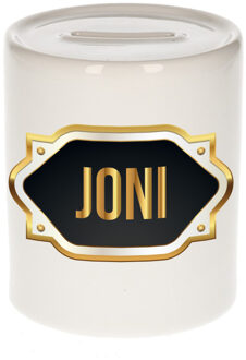 Bellatio Decorations Spaarpot met voornaam Joni - wit - goud/zwart embleem - 8 x 9 cm - keramiek - afsluitdop