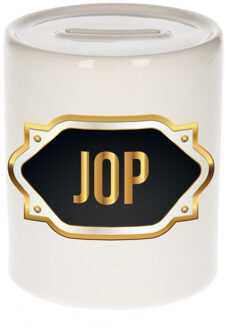 Bellatio Decorations Spaarpot met voornaam Jop - wit - goud/zwart embleem - 8 x 9 cm - keramiek - afsluitdop Multi