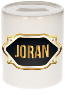 Bellatio Decorations Spaarpot met voornaam Joran - wit - goud/zwart embleem - 8 x 9 cm - keramiek - afsluitdop