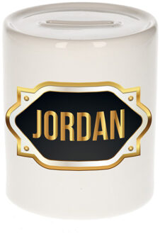 Bellatio Decorations Spaarpot met voornaam Jordan - wit - goud/zwart embleem - 8 x 9 cm - keramiek - afsluitdop