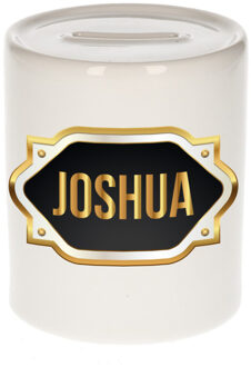 Bellatio Decorations Spaarpot met voornaam Joshua - wit - goud/zwart embleem - 8 x 9 cm - keramiek - afsluitdop