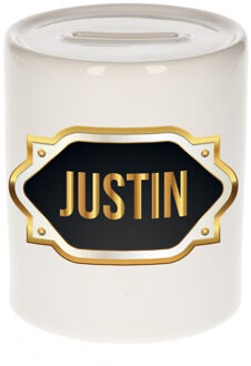 Bellatio Decorations Spaarpot met voornaam Justin - wit - goud/zwart embleem - 8 x 9 cm - keramiek - afsluitdop
