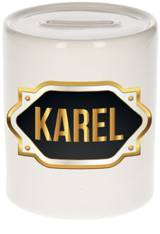 Bellatio Decorations Spaarpot met voornaam Karel - wit - goud/zwart embleem - 8 x 9 cm - keramiek - afsluitdop Multi