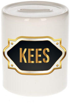 Bellatio Decorations Spaarpot met voornaam Kees - wit - goud/zwart embleem - 8 x 9 cm - keramiek - afsluitdop