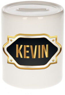 Bellatio Decorations Spaarpot met voornaam Kevin - wit - goud/zwart embleem - 8 x 9 cm - keramiek - afsluitdop Multi