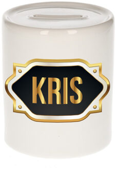 Bellatio Decorations Spaarpot met voornaam Kris - wit - goud/zwart embleem - 8 x 9 cm - keramiek - afsluitdop