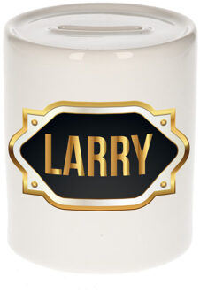 Bellatio Decorations Spaarpot met voornaam Larry - wit - goud/zwart embleem - 8 x 9 cm - keramiek - afsluitdop