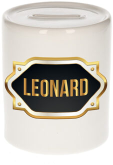 Bellatio Decorations Spaarpot met voornaam Leonard - wit - goud/zwart embleem - 8 x 9 cm - keramiek - afsluitdop Multi