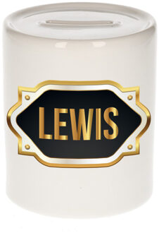 Bellatio Decorations Spaarpot met voornaam Lewis - wit - goud/zwart embleem - 8 x 9 cm - keramiek - afsluitdop Multi