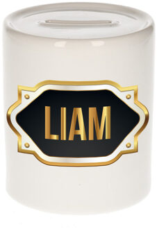 Bellatio Decorations Spaarpot met voornaam Liam - wit - goud/zwart embleem - 8 x 9 cm - keramiek - afsluitdop