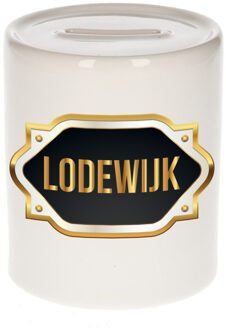 Bellatio Decorations Spaarpot met voornaam Lodewijk - wit - goud/zwart embleem - 8 x 9 cm - keramiek - afsluitdop Multi