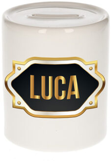 Bellatio Decorations Spaarpot met voornaam Luca - wit - goud/zwart embleem - 8 x 9 cm - keramiek - afsluitdop