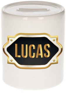 Bellatio Decorations Spaarpot met voornaam Lucas - wit - goud/zwart embleem - 8 x 9 cm - keramiek - afsluitdop Multi