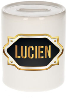 Bellatio Decorations Spaarpot met voornaam Lucien - wit - goud/zwart embleem - 8 x 9 cm - keramiek - afsluitdop