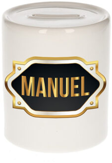 Bellatio Decorations Spaarpot met voornaam Manuel - wit - goud/zwart embleem - 8 x 9 cm - keramiek - afsluitdop