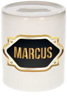 Bellatio Decorations Spaarpot met voornaam Marcus - wit - goud/zwart embleem - 8 x 9 cm - keramiek - afsluitdop Multi
