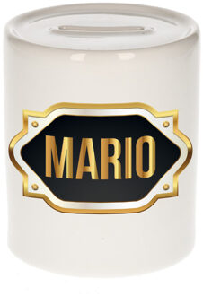 Bellatio Decorations Spaarpot met voornaam Mario - wit - goud/zwart embleem - 8 x 9 cm - keramiek - afsluitdop Multi