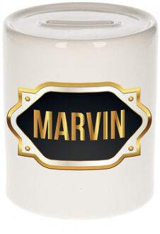Bellatio Decorations Spaarpot met voornaam Marvin - wit - goud/zwart embleem - 8 x 9 cm - keramiek - afsluitdop