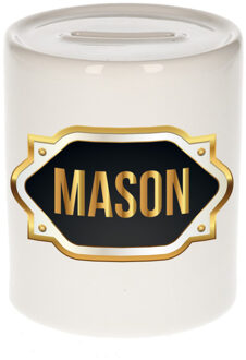 Bellatio Decorations Spaarpot met voornaam Mason - wit - goud/zwart embleem - 8 x 9 cm - keramiek - afsluitdop Multi