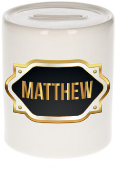 Bellatio Decorations Spaarpot met voornaam Matthew - wit - goud/zwart embleem - 8 x 9 cm - keramiek - afsluitdop Multi