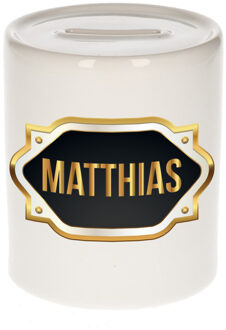 Bellatio Decorations Spaarpot met voornaam Matthias - wit - goud/zwart embleem - 8 x 9 cm - keramiek - afsluitdop Multi