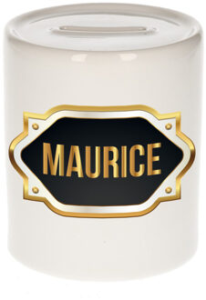 Bellatio Decorations Spaarpot met voornaam Maurice - wit - goud/zwart embleem - 8 x 9 cm - keramiek - afsluitdop