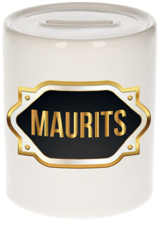 Bellatio Decorations Spaarpot met voornaam Maurits - wit - goud/zwart embleem - 8 x 9 cm - keramiek - afsluitdop