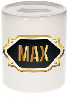 Bellatio Decorations Spaarpot met voornaam Max - wit - goud/zwart embleem - 8 x 9 cm - keramiek - afsluitdop
