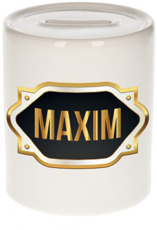 Bellatio Decorations Spaarpot met voornaam Maxim - wit - goud/zwart embleem - 8 x 9 cm - keramiek - afsluitdop Multi