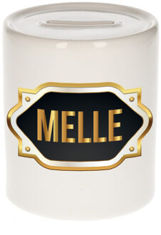 Bellatio Decorations Spaarpot met voornaam Melle - wit - goud/zwart embleem - 8 x 9 cm - keramiek - afsluitdop