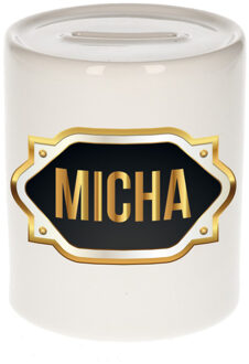 Bellatio Decorations Spaarpot met voornaam Micha - wit - goud/zwart embleem - 8 x 9 cm - keramiek - afsluitdop Multi