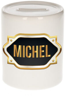 Bellatio Decorations Spaarpot met voornaam Michel - wit - goud/zwart embleem - 8 x 9 cm - keramiek - afsluitdop Multi