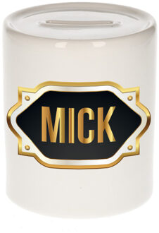 Bellatio Decorations Spaarpot met voornaam Mick - wit - goud/zwart embleem - 8 x 9 cm - keramiek - afsluitdop