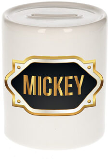 Bellatio Decorations Spaarpot met voornaam Mickey - wit - goud/zwart embleem - 8 x 9 cm - keramiek - afsluitdop