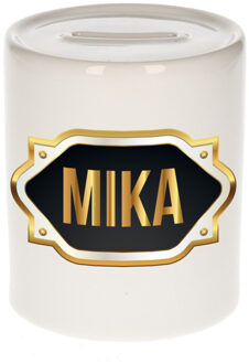 Bellatio Decorations Spaarpot met voornaam Mika - wit - goud/zwart embleem - 8 x 9 cm - keramiek - afsluitdop Multi