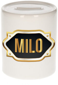 Bellatio Decorations Spaarpot met voornaam Milo - wit - goud/zwart embleem - 8 x 9 cm - keramiek - afsluitdop Multi