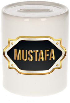 Bellatio Decorations Spaarpot met voornaam Mustafa - wit - goud/zwart embleem - 8 x 9 cm - keramiek - afsluitdop Multi