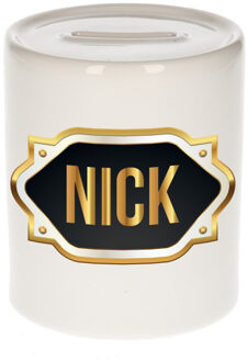 Bellatio Decorations Spaarpot met voornaam Nick - wit - goud/zwart embleem - 8 x 9 cm - keramiek - afsluitdop Multi