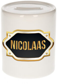 Bellatio Decorations Spaarpot met voornaam Nicolaas - wit - goud/zwart embleem - 8 x 9 cm - keramiek - afsluitdop Multi
