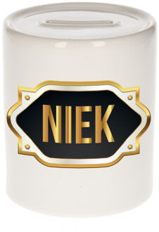 Bellatio Decorations Spaarpot met voornaam Niek - wit - goud/zwart embleem - 8 x 9 cm - keramiek - afsluitdop