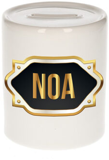 Bellatio Decorations Spaarpot met voornaam Noa - wit - goud/zwart embleem - 8 x 9 cm - keramiek - afsluitdop Multi