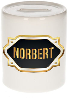 Bellatio Decorations Spaarpot met voornaam Norbert - wit - goud/zwart embleem - 8 x 9 cm - keramiek - afsluitdop